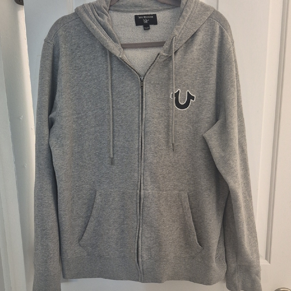 True Religion Heather Gray Hoodie with Logo MENS 2XL